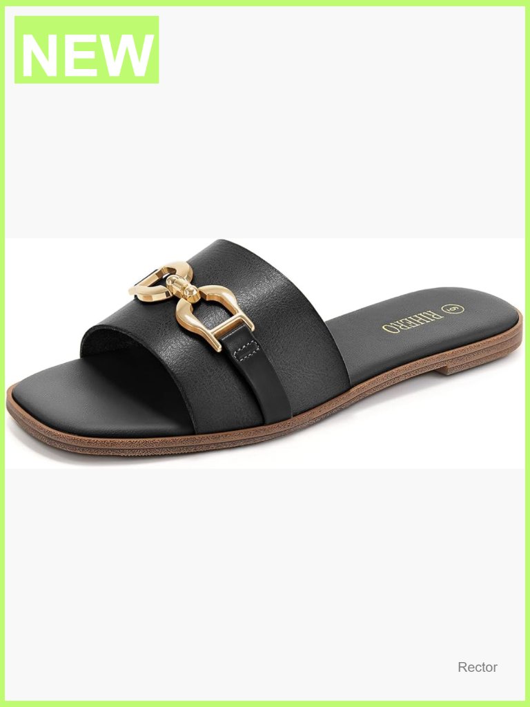 Women's Flat Slide Sandals Square Toe Faux Leather Gold Chain Comfort Memory